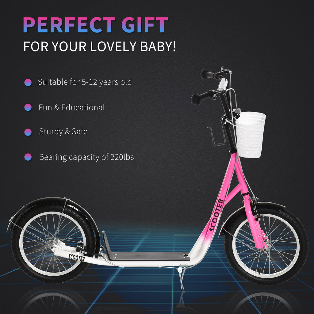 Youth Scooter, Kick Scooter With Adjustable Handlebars, Double Brakes, 16" Inflatable Rubber Tires, Basket, Cupholder, Pink