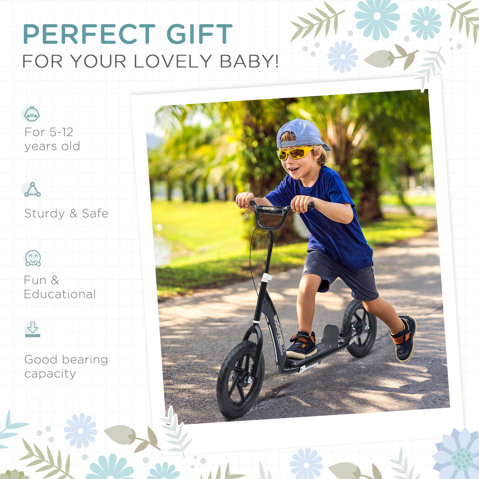 Kids Scooter Kick Scooter, With 12" EVA Tyres, Rear Brake, Big Wheels Scooter For 5-12 Years , Black