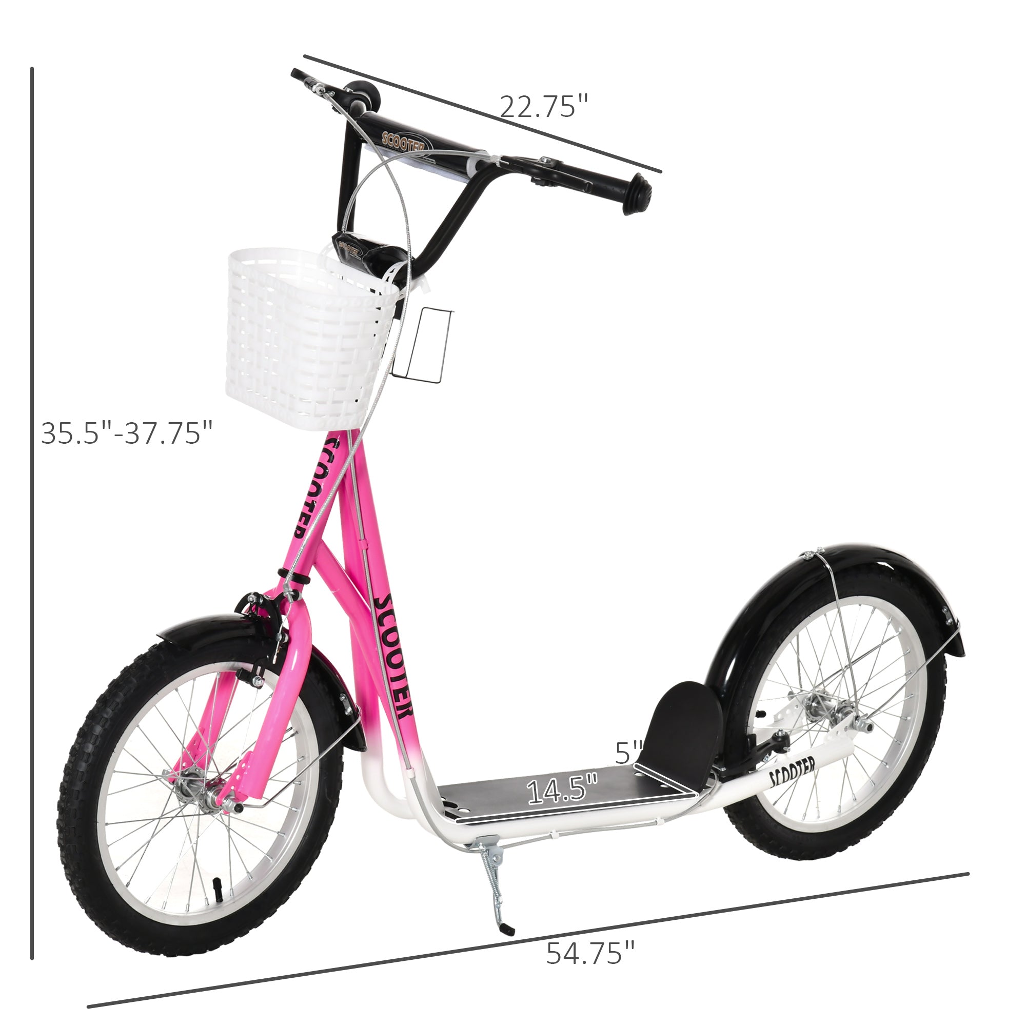 Youth Scooter, Kick Scooter With Adjustable Handlebars, Double Brakes, 16" Inflatable Rubber Tires, Basket, Cupholder, Pink