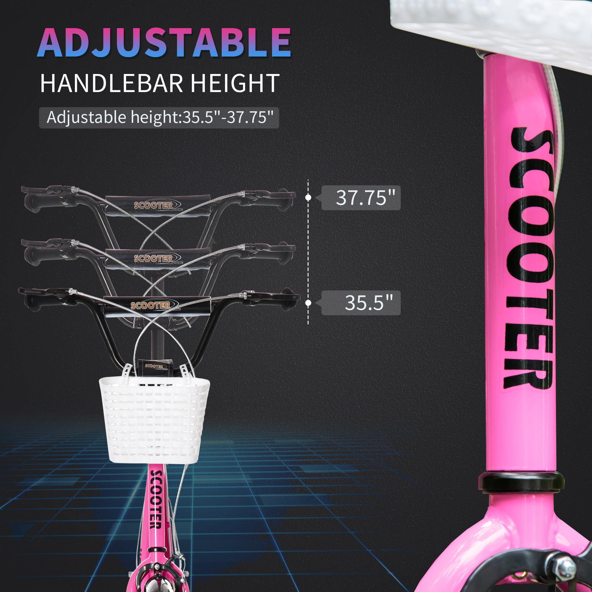 Youth Scooter, Kick Scooter With Adjustable Handlebars, Double Brakes, 16" Inflatable Rubber Tires, Basket, Cupholder, Pink