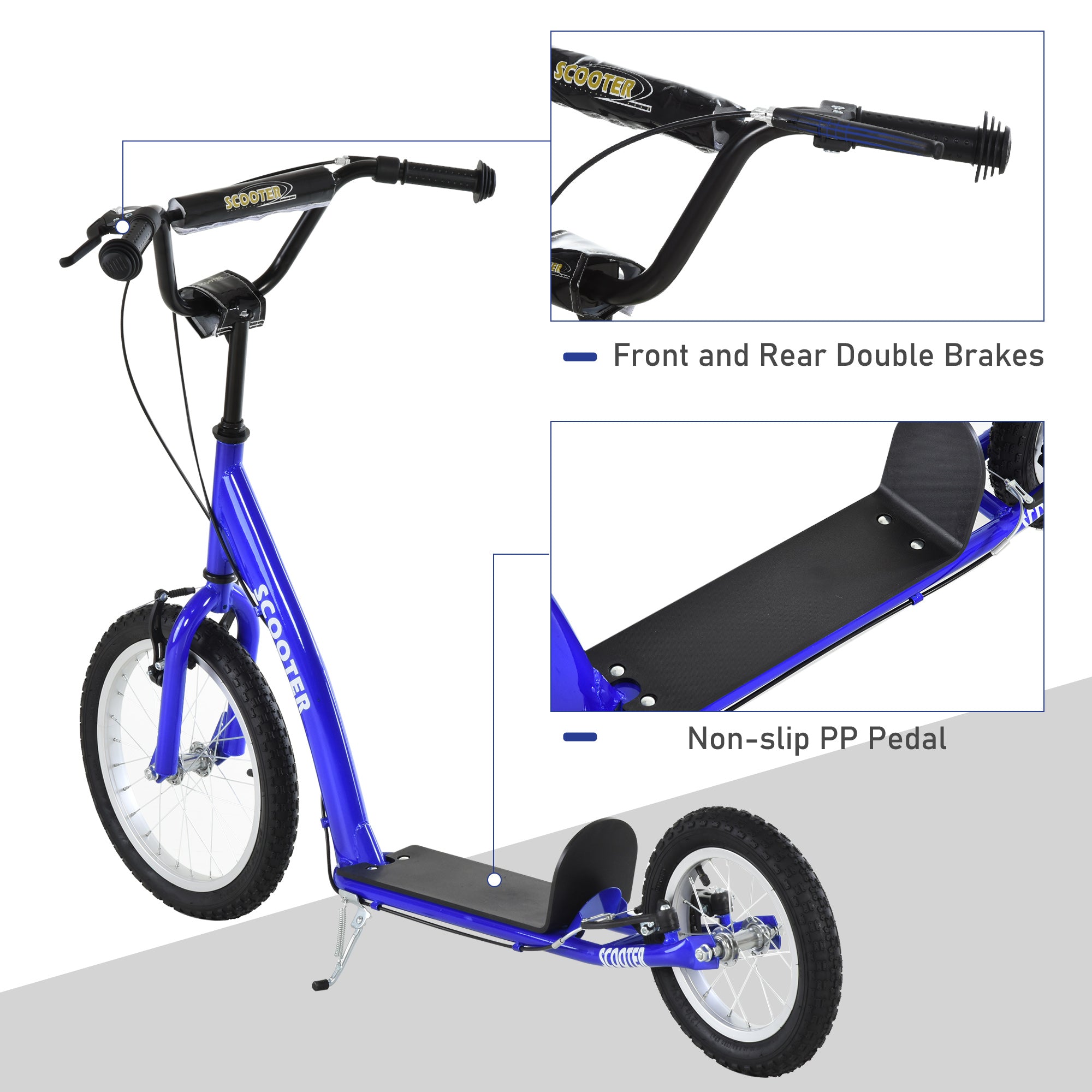 Youth Scooter Kick Scooter For Kids 5+ With Adjustable Handlebar 16" Front And 12" Rear Dual Brakes Inflatable Wheels, Blue