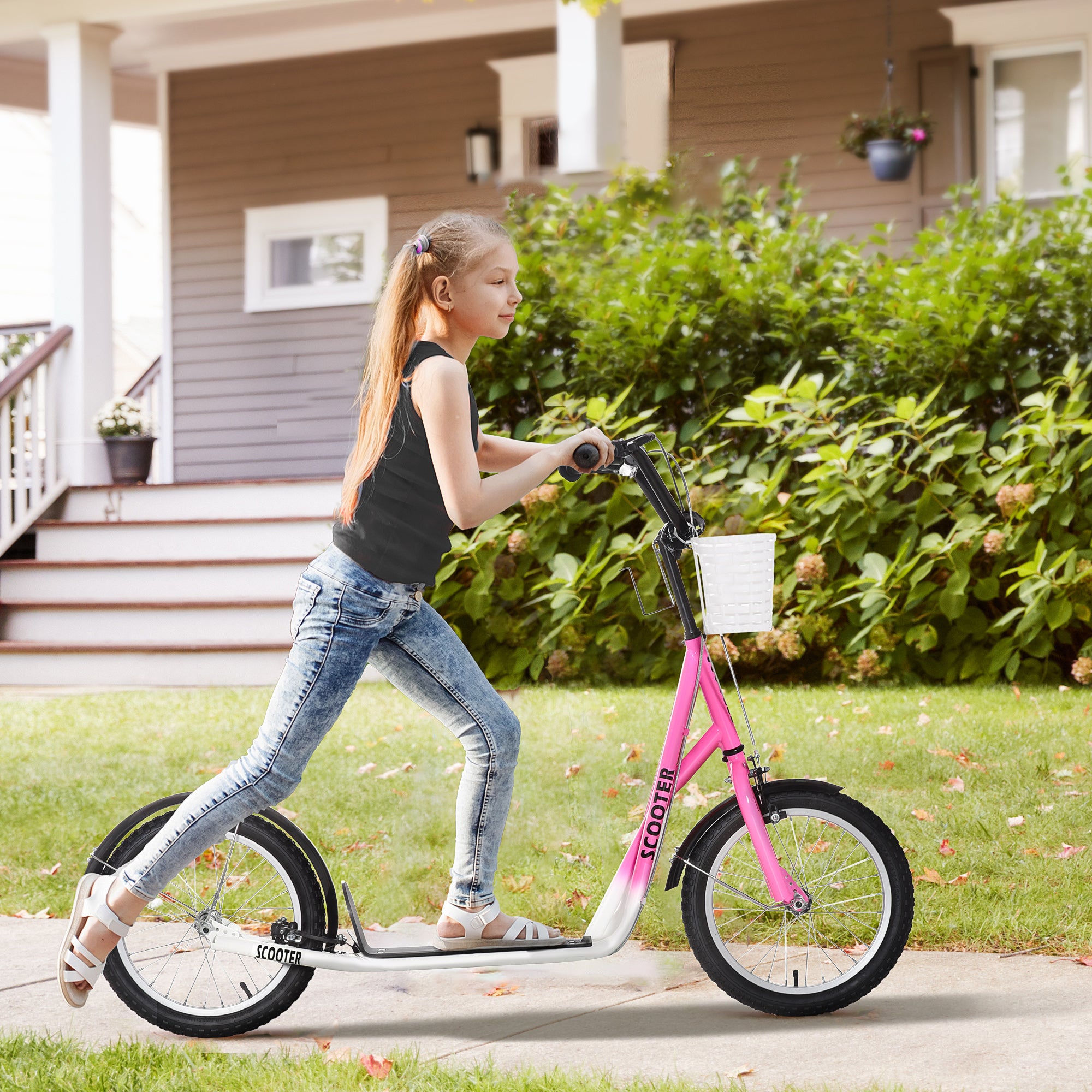 Youth Scooter, Kick Scooter With Adjustable Handlebars, Double Brakes, 16" Inflatable Rubber Tires, Basket, Cupholder, Pink