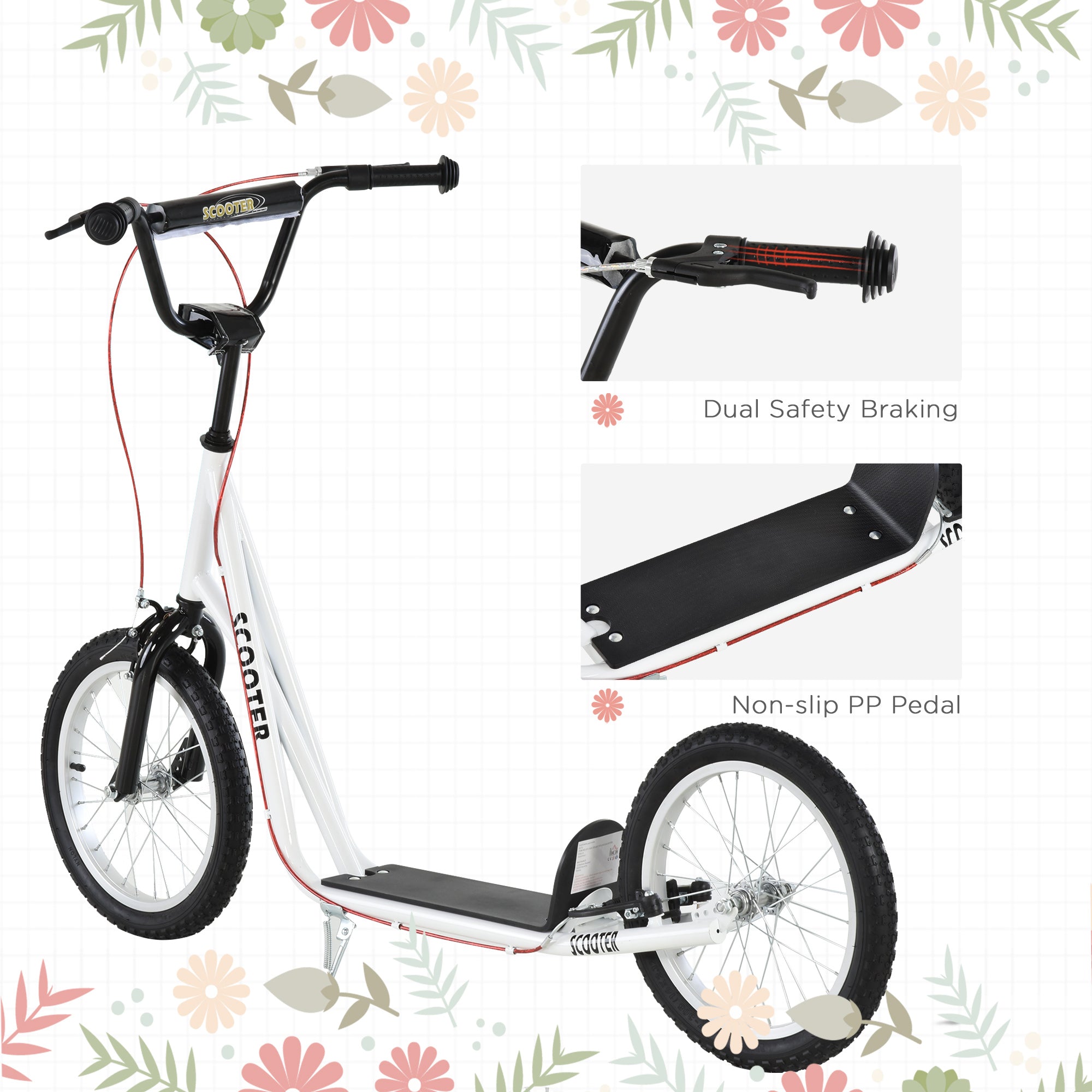 Toddler Scooter, White, Adjustable Handlebar, Kick Scooter For Kids 5,Dual Brakes, Inflatable Wheels