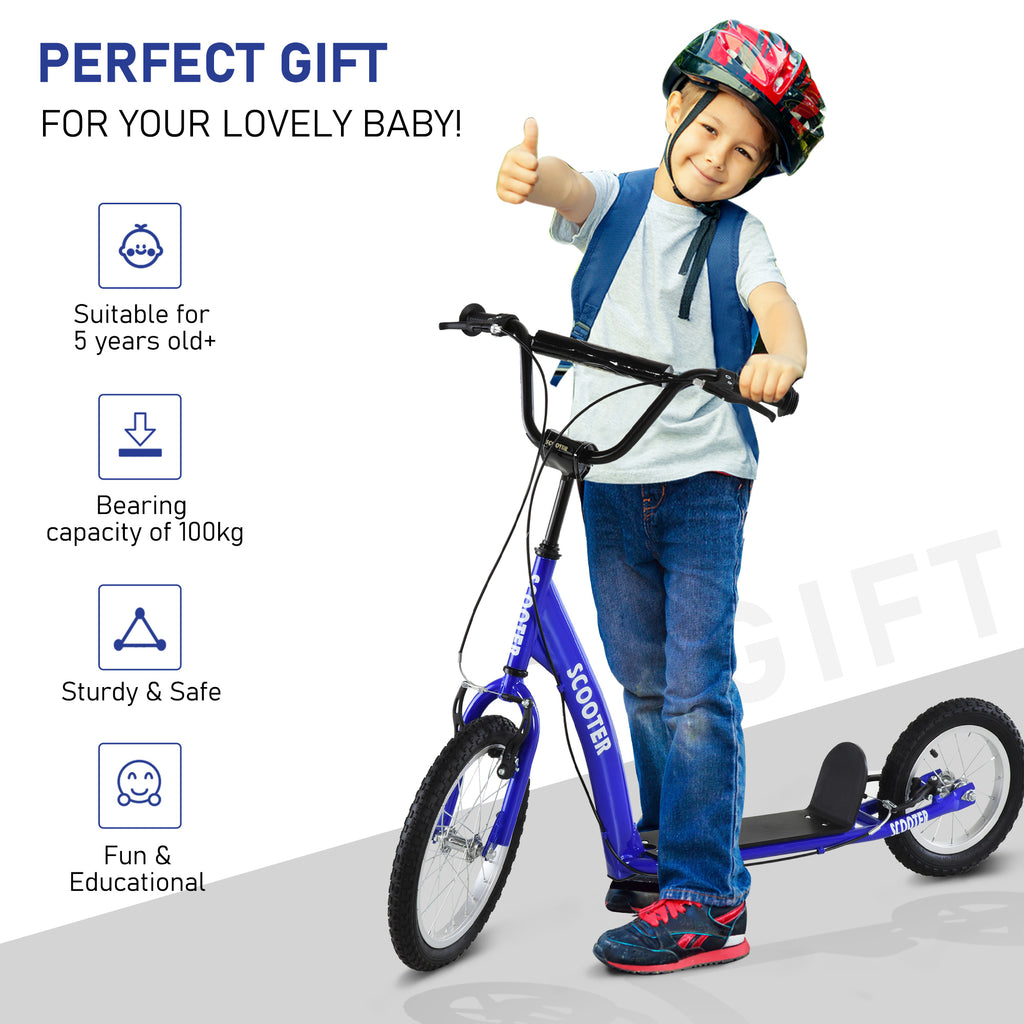 Youth Scooter Kick Scooter For Kids 5+ With Adjustable Handlebar 16" Front And 12" Rear Dual Brakes Inflatable Wheels, Blue