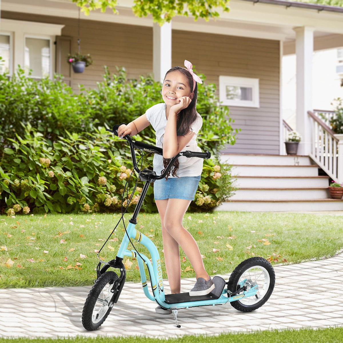 Youth Scooter Front And Rear Caliper Dual Brakes 12-Inch Inflatable Front Wheel Ride On Toy For Age 5+ - Blue
