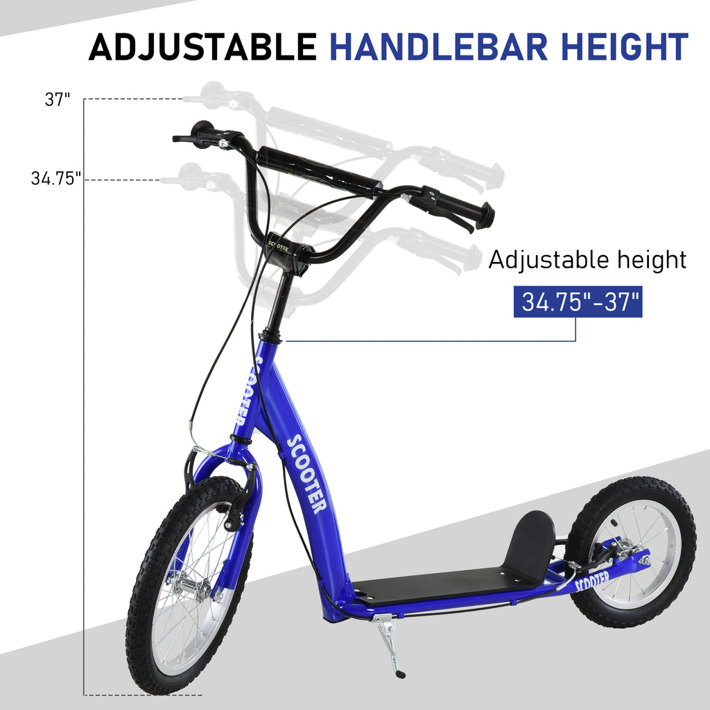 Youth Scooter Kick Scooter For Kids 5+ With Adjustable Handlebar 16" Front And 12" Rear Dual Brakes Inflatable Wheels, Blue